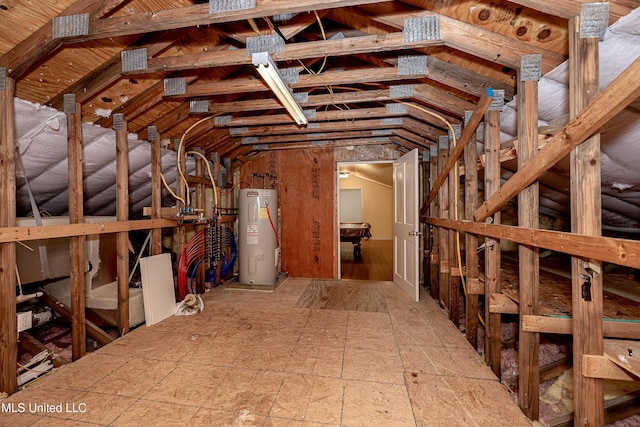 unfinished attic featuring electric water heater