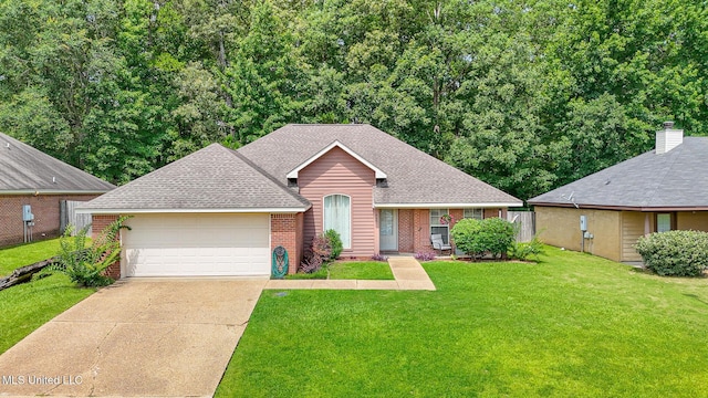 404 Briars Bnd, Brandon, MS 39042 - view of front of house featuring brick siding, a garage, a front lawn, driveway, and roof with shingles