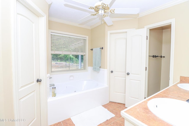 404 Briars Bnd, Brandon, MS 39042 - bathroom with a ceiling fan, a garden tub, ornamental molding, double vanity, and tile patterned floors