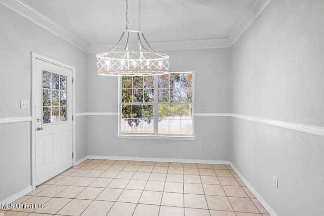 unfurnished dining area with a wealth of natural light, light tile patterned floors, and ornamental molding