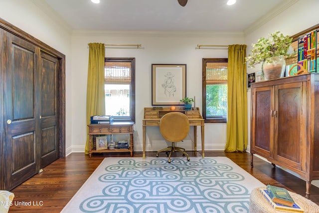 office space with baseboards, dark wood finished floors, and ornamental molding