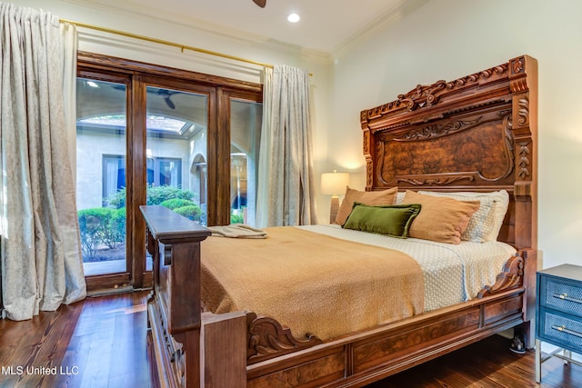 bedroom featuring wood-type flooring and crown molding