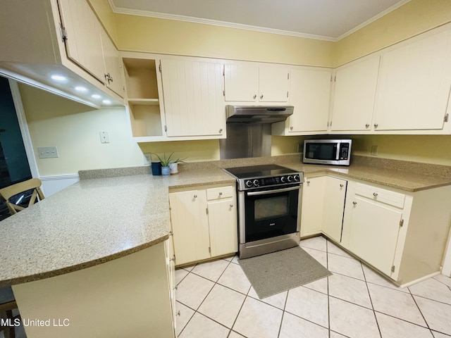 6324 Country Ln, Moss Point, MS 39562 - kitchen featuring appliances with stainless steel finishes, a peninsula, under cabinet range hood, crown molding, and light tile patterned floors