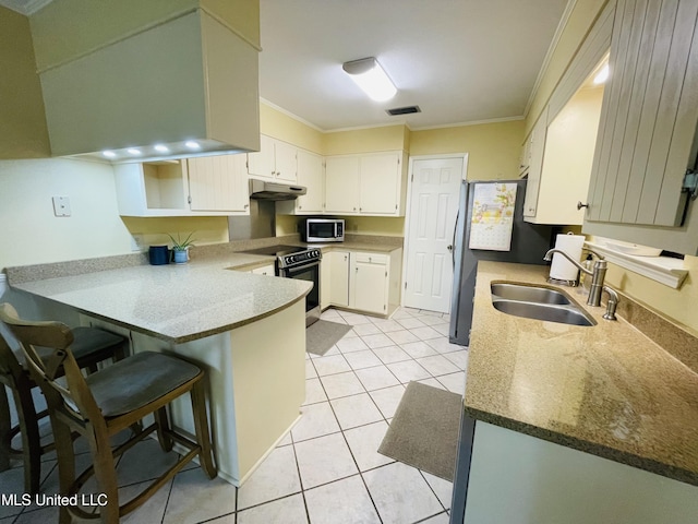 6324 Country Ln, Moss Point, MS 39562 - kitchen featuring appliances with stainless steel finishes, under cabinet range hood, a sink, a peninsula, and ornamental molding