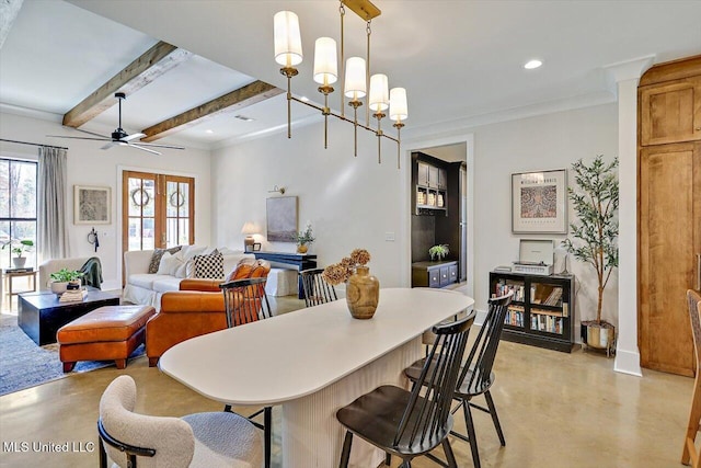 dining area featuring finished concrete floors, recessed lighting, french doors, and beamed ceiling