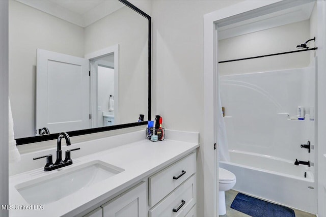 full bathroom with tub / shower combination, vanity, and toilet