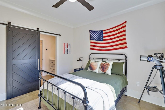 bedroom with concrete flooring, ceiling fan, ornamental molding, and a barn door