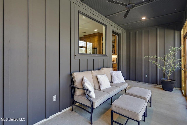 view of patio with a ceiling fan and outdoor lounge area