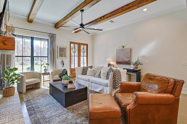 living room with ceiling fan, recessed lighting, visible vents, french doors, and beamed ceiling