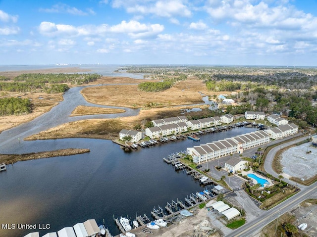 aerial view featuring a water view