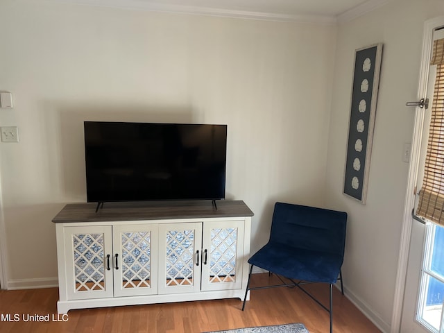 sitting room featuring crown molding and hardwood / wood-style floors