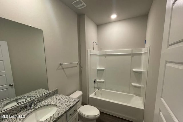 full bath with visible vents, toilet, recessed lighting, bathing tub / shower combination, and vanity