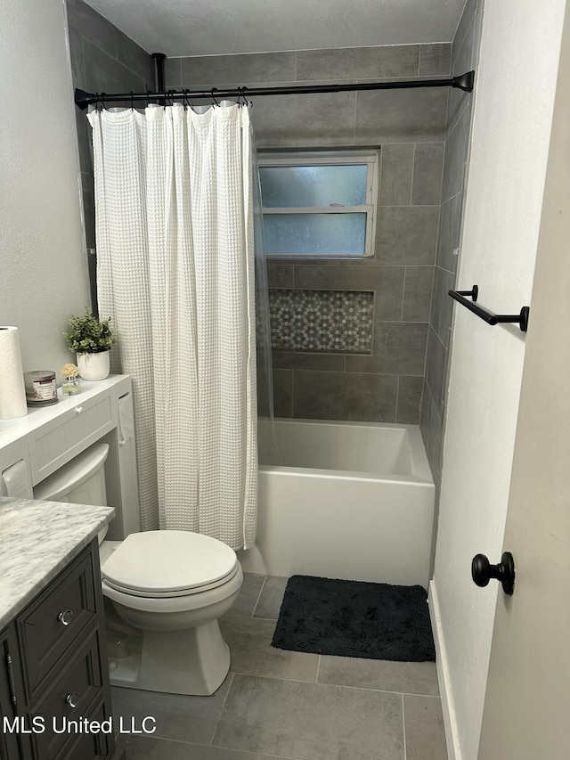 full bathroom with shower / bath combination with curtain, vanity, toilet, and tile patterned floors