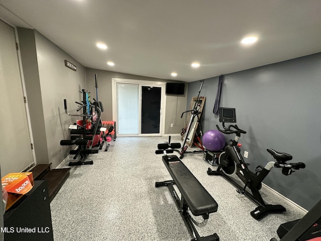 exercise area with baseboards and recessed lighting