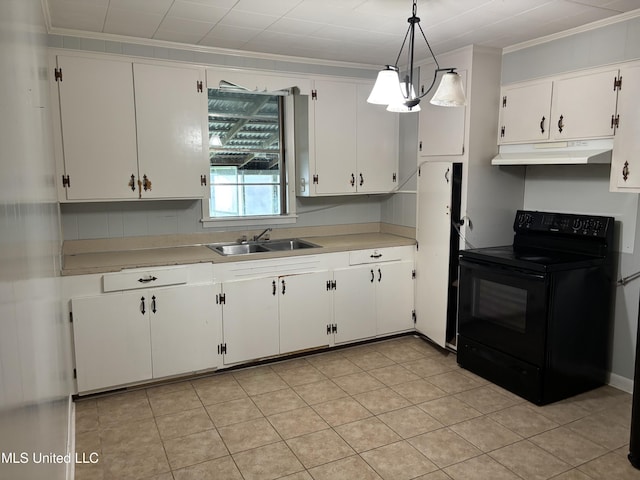 232 Renfroe Rd, Canton, MS 39046 - kitchen featuring black range with electric cooktop, under cabinet range hood, light countertops, white cabinets, and crown molding