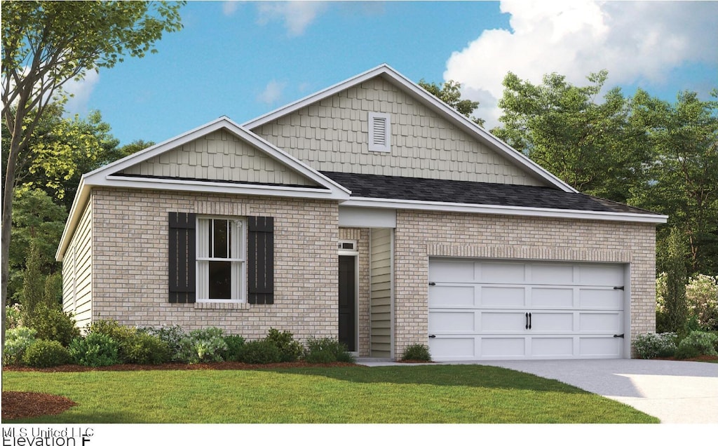 view of front facade with a garage and a front lawn