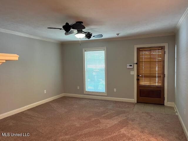 104 Blackstone Cir, Brandon, MS 39047 - unfurnished room with light carpet, crown molding, and ceiling fan