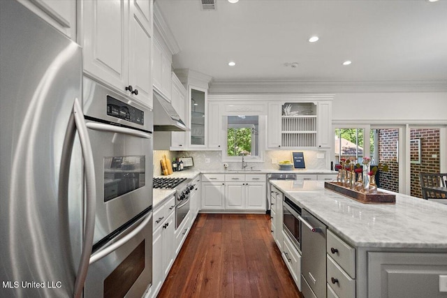 2003 Canterbury Pl W, Brandon, MS 39042 - kitchen featuring stainless steel appliances, a sink, dark wood-style flooring, white cabinets, and ornamental molding
