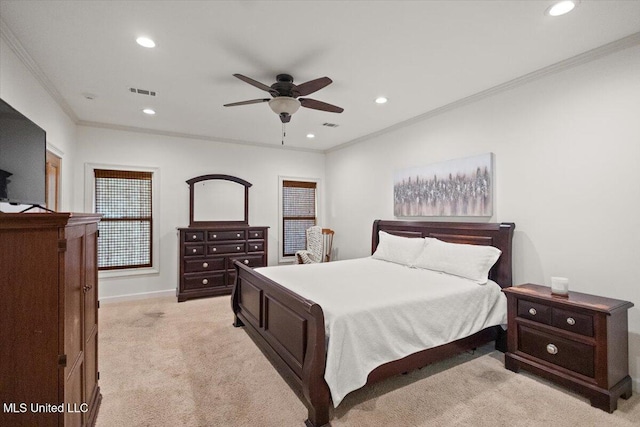 2003 Canterbury Pl W, Brandon, MS 39042 - bedroom with ornamental molding, light colored carpet, recessed lighting, baseboards, and ceiling fan