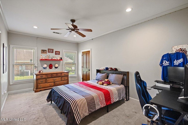 2003 Canterbury Pl W, Brandon, MS 39042 - carpeted bedroom featuring baseboards, ornamental molding, recessed lighting, a desk, and ceiling fan