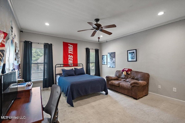2003 Canterbury Pl W, Brandon, MS 39042 - bedroom featuring carpet flooring, baseboards, recessed lighting, crown molding, and a ceiling fan