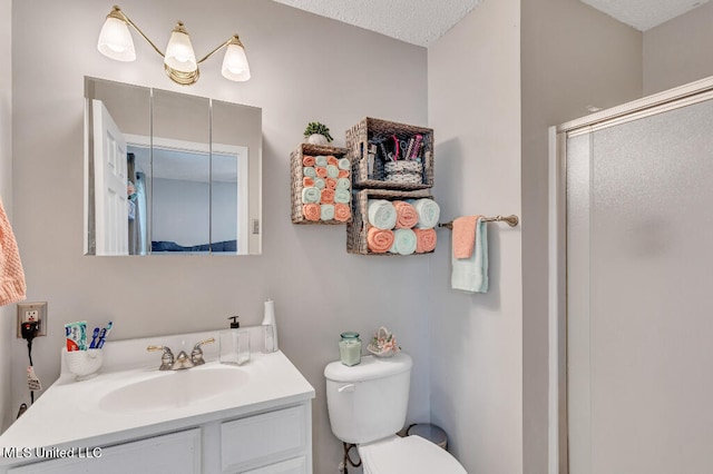 bathroom with a shower with door, vanity, a textured ceiling, and toilet