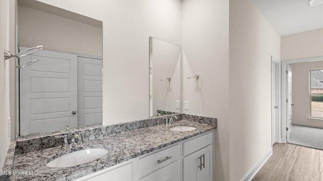 bathroom featuring vanity and hardwood / wood-style flooring