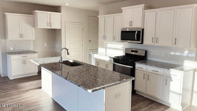 kitchen with stainless steel appliances, white cabinetry, sink, and a center island with sink