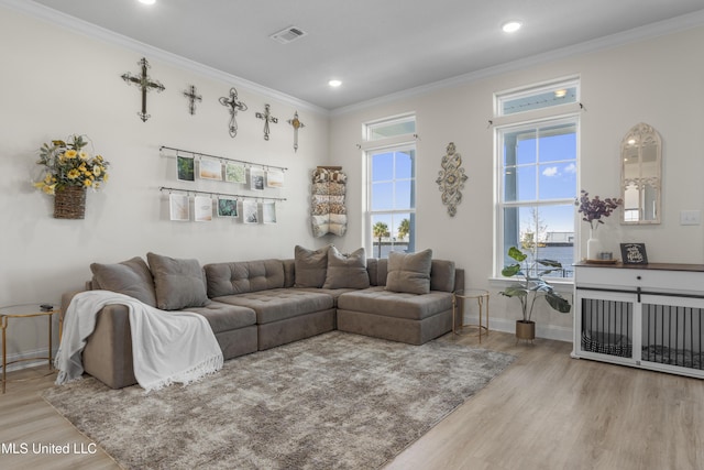 living area featuring ornamental molding, wood finished floors, and visible vents