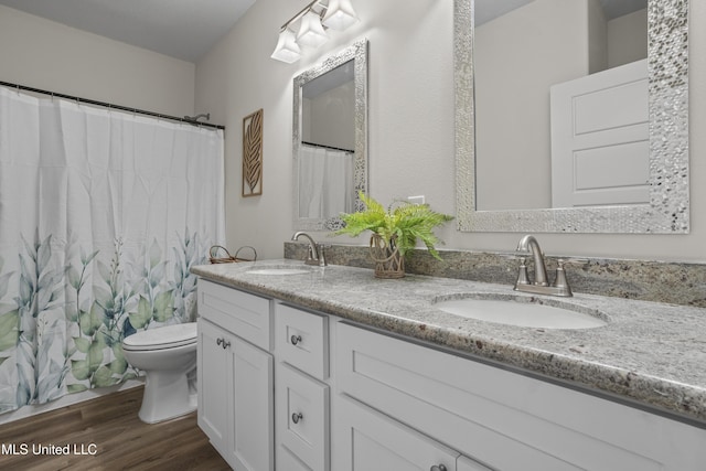 bathroom with double vanity, toilet, a sink, and wood finished floors