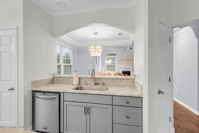 2252 Beach Dr Unit 206, Gulfport, MS 39507 - kitchen featuring stainless steel dishwasher, gray cabinets, arched walkways, a chandelier, and crown molding