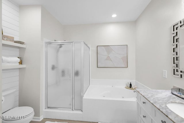 2252 Beach Dr Unit 206, Gulfport, MS 39507 - full bath with a shower stall, vanity, a tub with jets, and recessed lighting