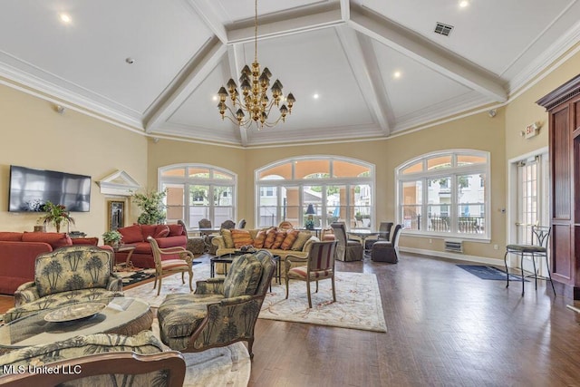 2252 Beach Dr Unit 206, Gulfport, MS 39507 - dining area with high vaulted ceiling, a chandelier, beamed ceiling, dark wood-style floors, and recessed lighting