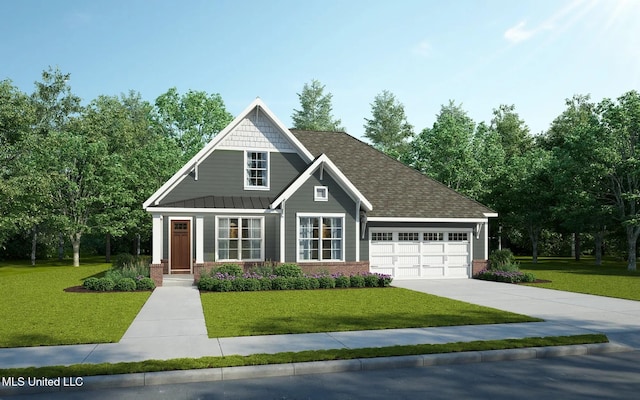 view of front of property featuring a front yard, an attached garage, brick siding, and concrete driveway