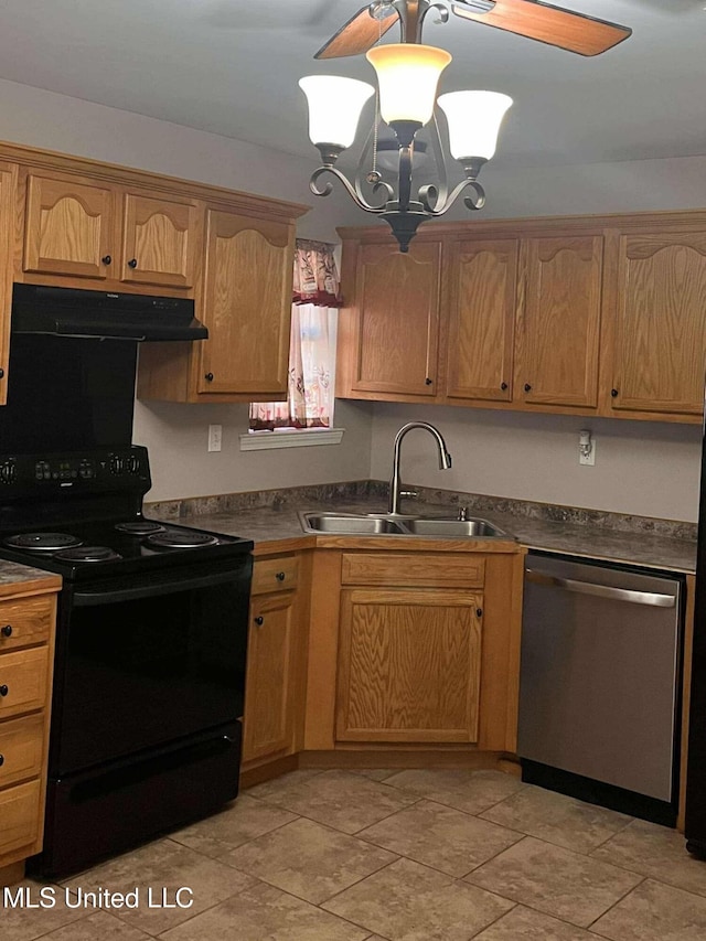 703 E Canal St, Picayune, MS 39466 - kitchen featuring black range with electric stovetop, dishwasher, under cabinet range hood, dark countertops, and a chandelier