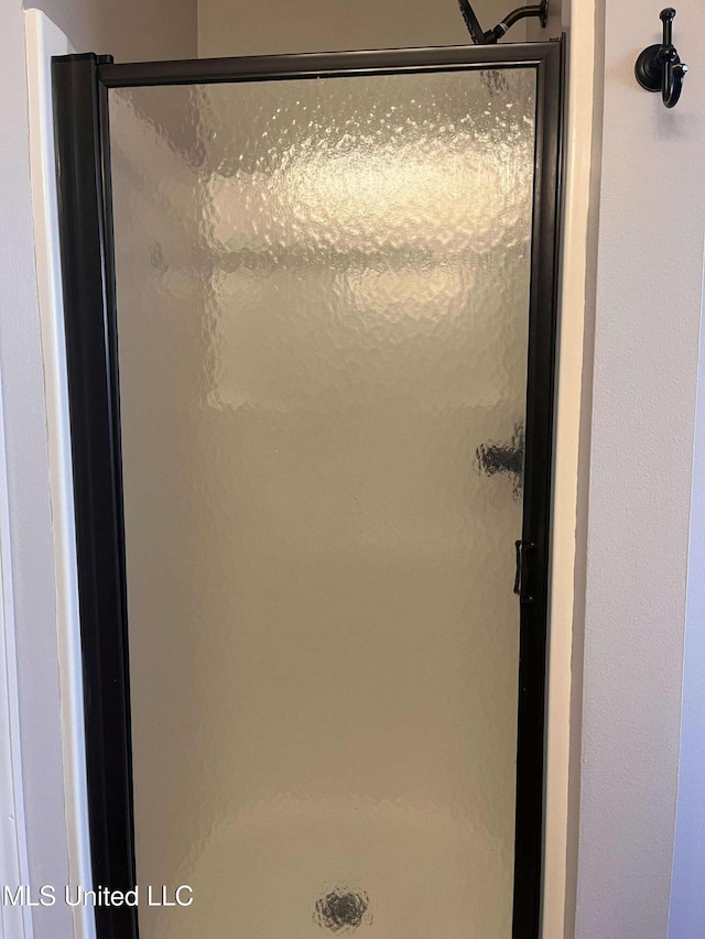 bathroom with a shower with shower door