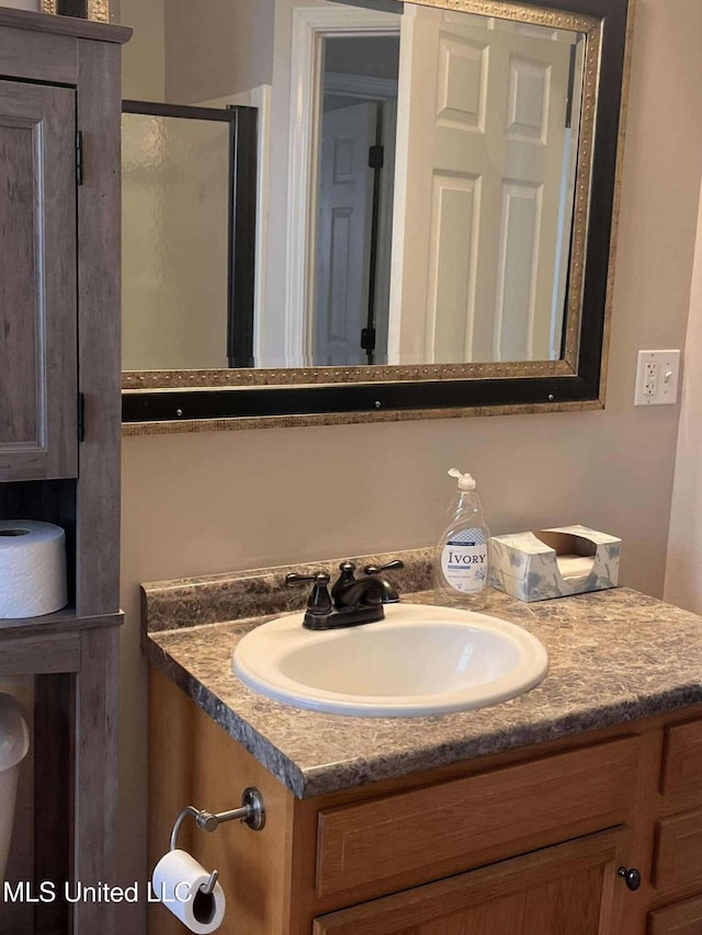 bathroom featuring a shower with door and vanity