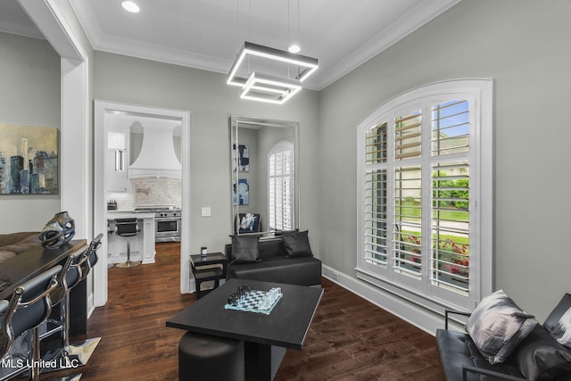 302 Covington Cv, Madison, MS 39110 - living room featuring crown molding, healthy amount of natural light, dark wood-style floors, and attic access