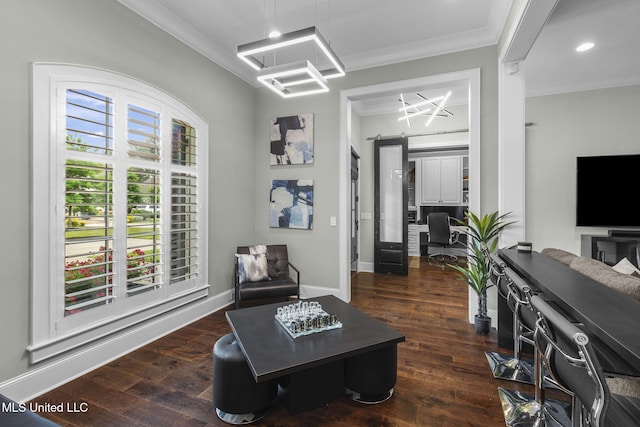 302 Covington Cv, Madison, MS 39110 - living area featuring a desk, ornamental molding, dark wood-style floors, a barn door, and recessed lighting