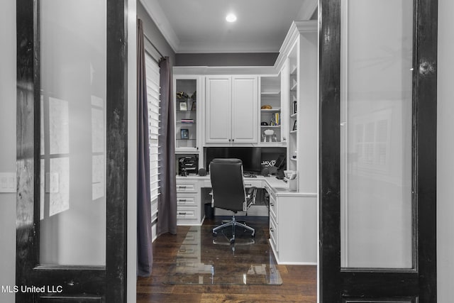 302 Covington Cv, Madison, MS 39110 - office area featuring built in desk, dark wood-style flooring, and crown molding