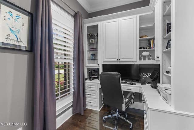 302 Covington Cv, Madison, MS 39110 - office space featuring built in study area, crown molding, and dark wood-style flooring