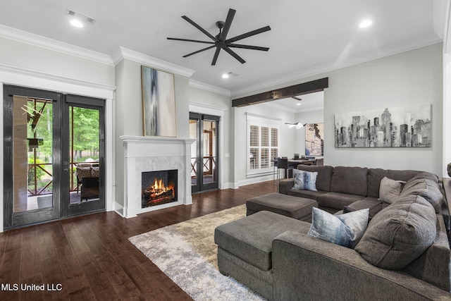 302 Covington Cv, Madison, MS 39110 - living room featuring wood finished floors, ceiling fan, ornamental molding, a fireplace, and recessed lighting