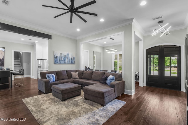 302 Covington Cv, Madison, MS 39110 - living area featuring arched walkways, ceiling fan, dark wood-type flooring, recessed lighting, and ornamental molding
