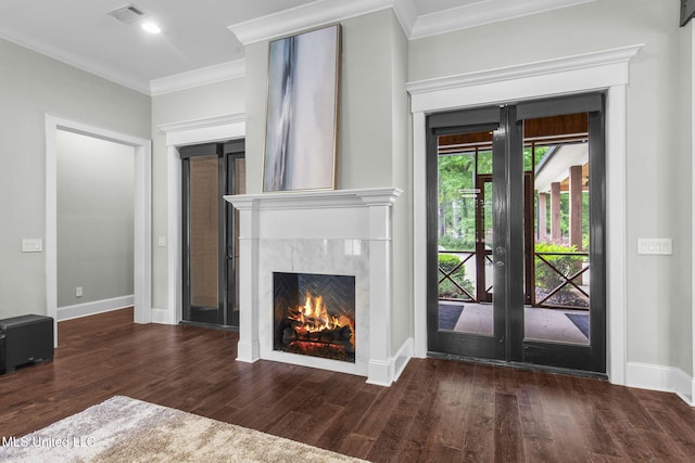 302 Covington Cv, Madison, MS 39110 - unfurnished living room with crown molding, a premium fireplace, french doors, wood finished floors, and recessed lighting