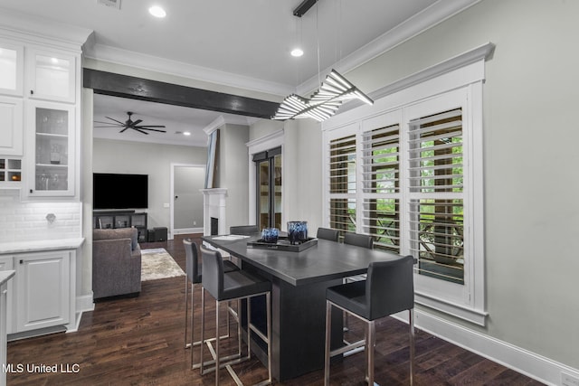 302 Covington Cv, Madison, MS 39110 - dining space with dark wood-type flooring, ornamental molding, a ceiling fan, and recessed lighting