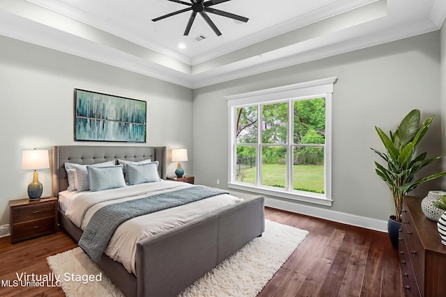 302 Covington Cv, Madison, MS 39110 - bedroom with crown molding, a raised ceiling, dark wood-type flooring, recessed lighting, and ceiling fan