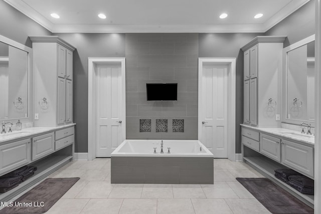 302 Covington Cv, Madison, MS 39110 - full bathroom with a garden tub, two vanities, crown molding, recessed lighting, and tile patterned floors