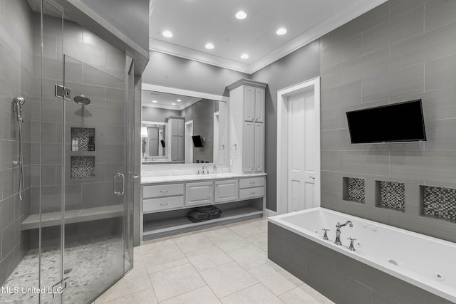 302 Covington Cv, Madison, MS 39110 - bathroom featuring crown molding, a shower stall, vanity, a whirlpool tub, and tile patterned floors