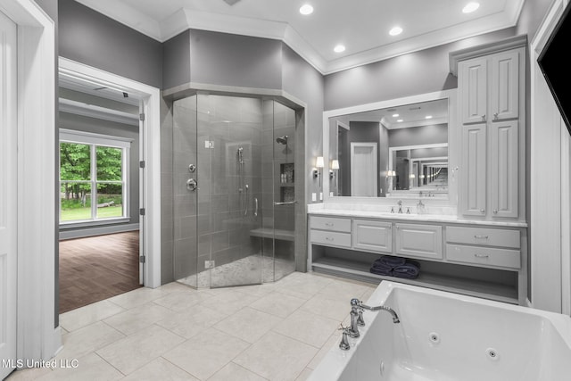 302 Covington Cv, Madison, MS 39110 - full bathroom with crown molding, a stall shower, vanity, a tub with jets, and recessed lighting