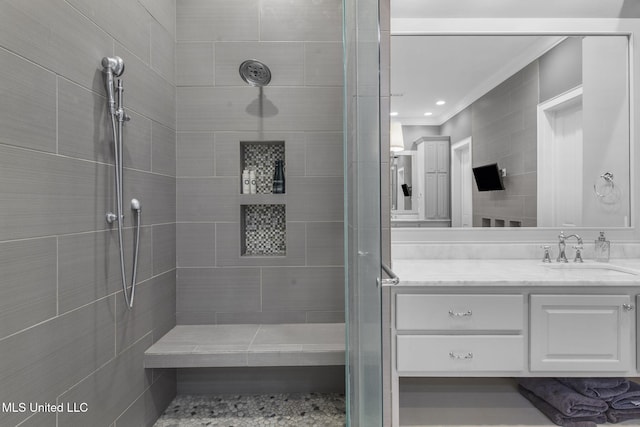 302 Covington Cv, Madison, MS 39110 - full bath with tiled shower, vanity, and crown molding